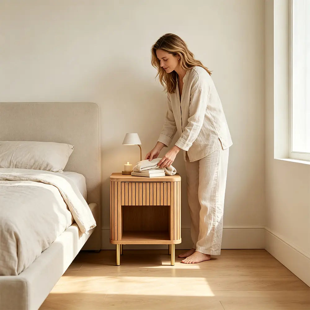 LIVARA Vintage Wood Bedside Table with Drawer, Open Storage Shelf, Vertical Fluted Design, Gold Metal Legs - Walnut