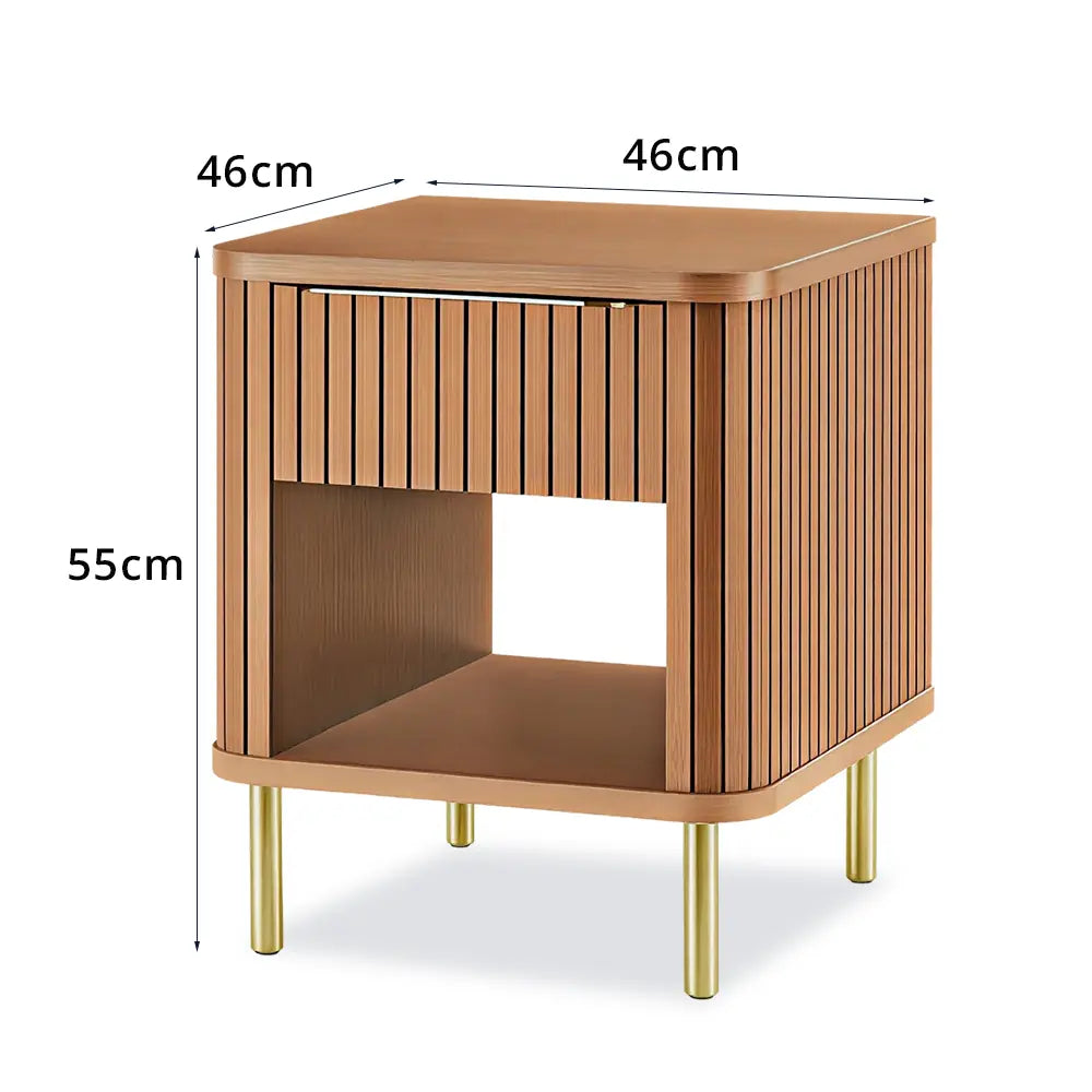 LIVARA Vintage Wood Bedside Table with Drawer, Open Storage Shelf, Vertical Fluted Design, Gold Metal Legs - Walnut