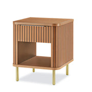 LIVARA Vintage Wood Bedside Table with Drawer, Open Storage Shelf, Vertical Fluted Design, Gold Metal Legs - Walnut