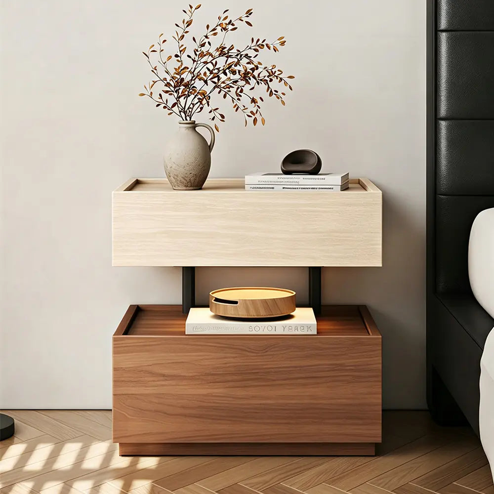 LIVARA Modern Bedside Table with Raised Edge Top, Natural Travertine Texture, Minimalist Design - Natural Travertine & Walnut