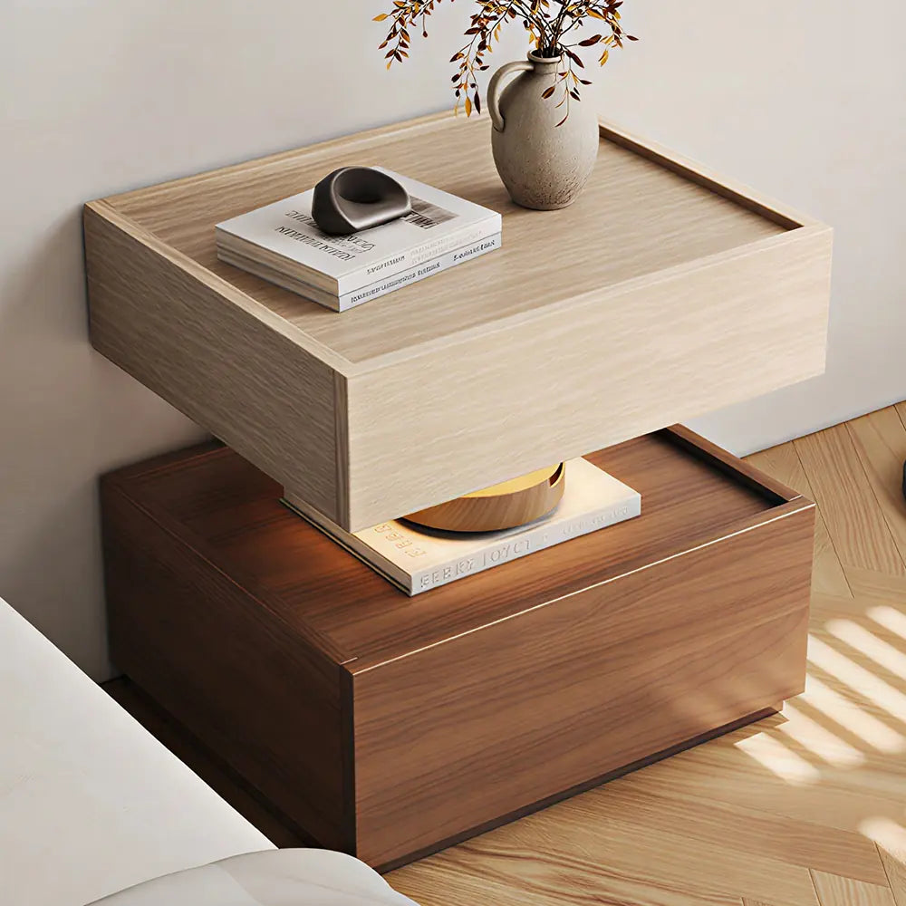 LIVARA Modern Bedside Table with Raised Edge Top, Natural Travertine Texture, Minimalist Design - Natural Travertine & Walnut