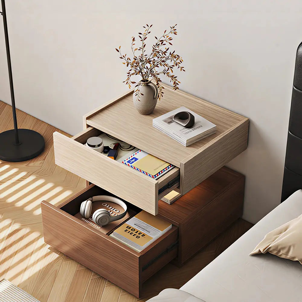 LIVARA Modern Bedside Table with Raised Edge Top, Natural Travertine Texture, Minimalist Design - Natural Travertine & Walnut
