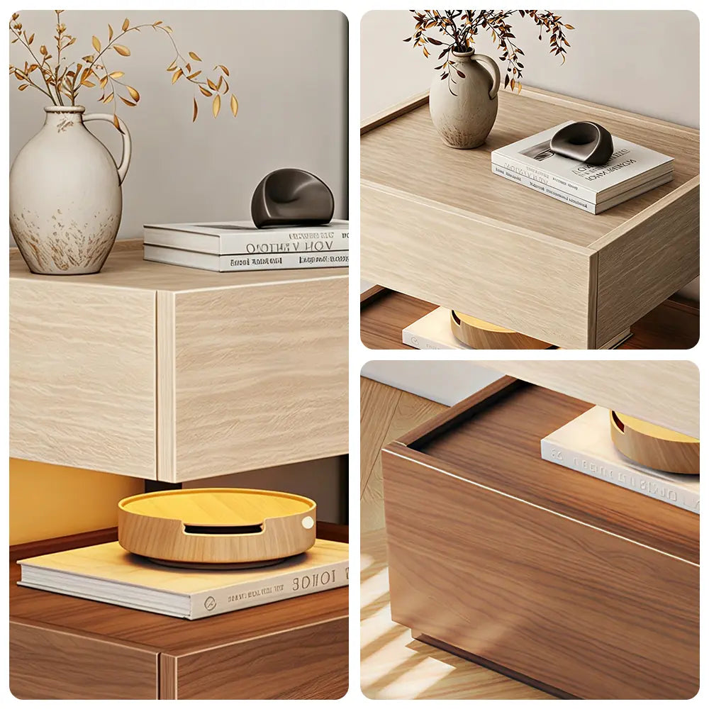 LIVARA Modern Bedside Table with Raised Edge Top, Natural Travertine Texture, Minimalist Design - Natural Travertine & Walnut