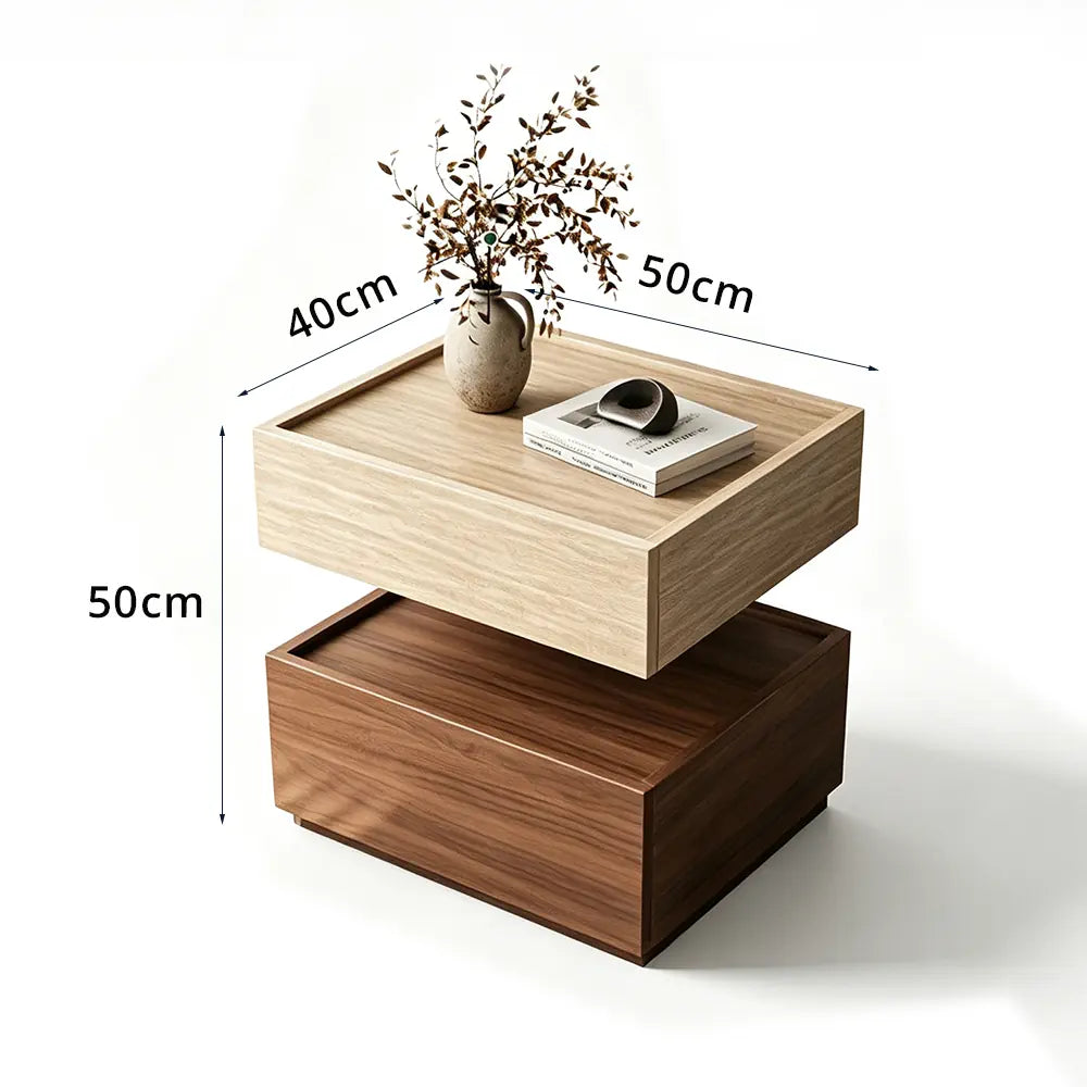 LIVARA Modern Bedside Table with Raised Edge Top, Natural Travertine Texture, Minimalist Design - Natural Travertine & Walnut
