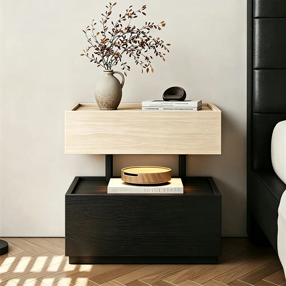 LIVARA Modern Bedside Table with Raised Edge Top, Natural Travertine Texture, Minimalist Design - Natural Travertine & Black