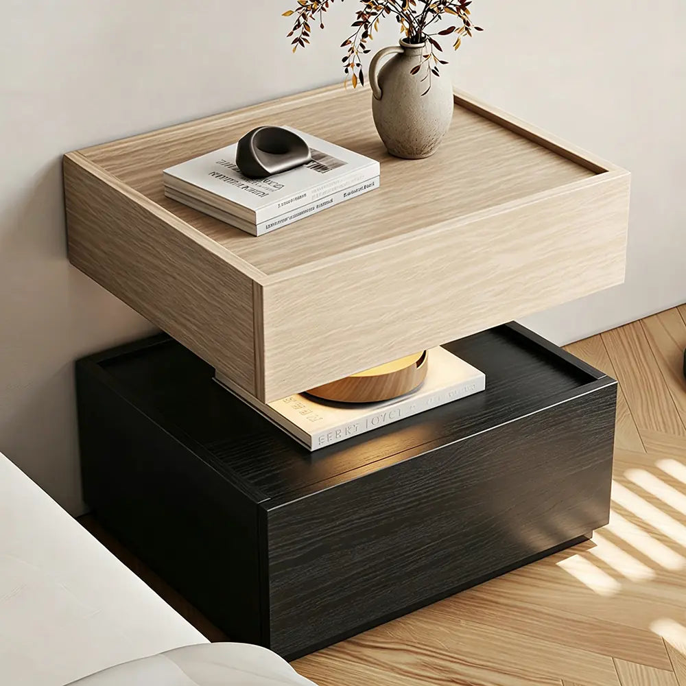 LIVARA Modern Bedside Table with Raised Edge Top, Natural Travertine Texture, Minimalist Design - Natural Travertine & Black