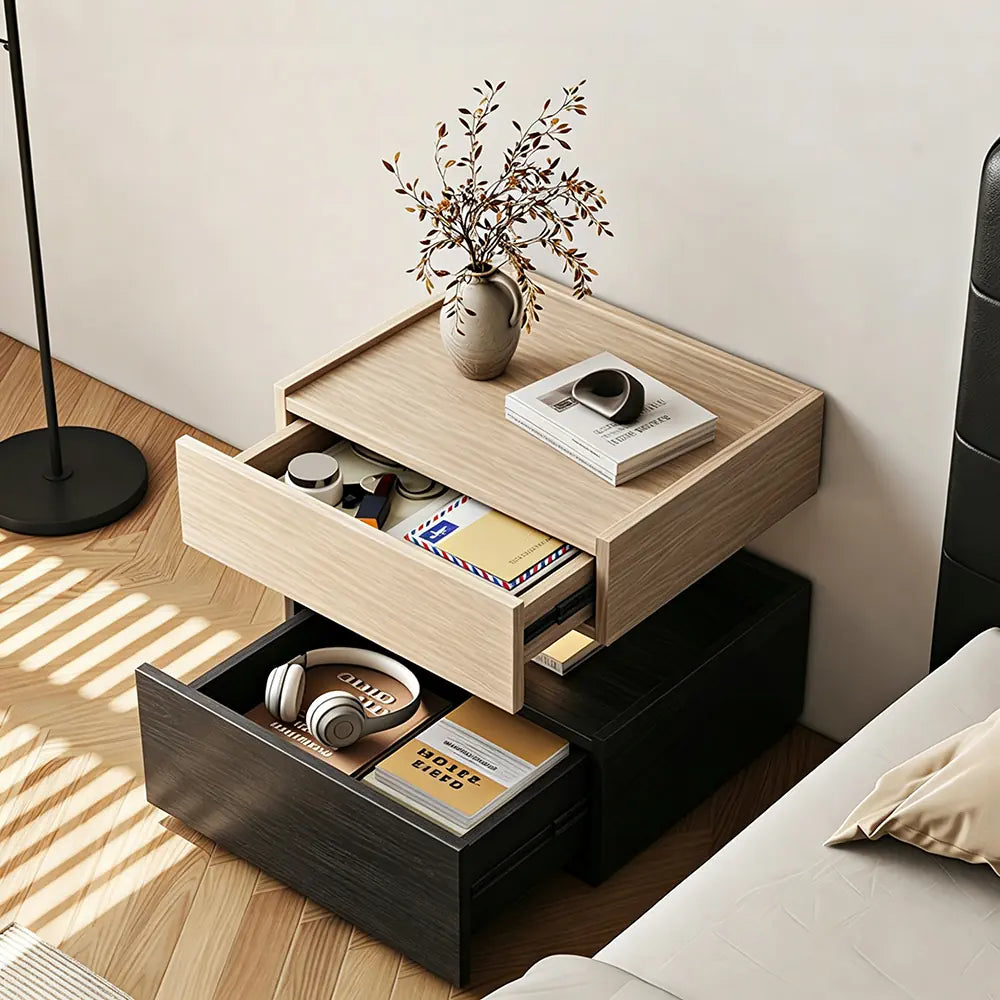 LIVARA Modern Bedside Table with Raised Edge Top, Natural Travertine Texture, Minimalist Design - Natural Travertine & Black