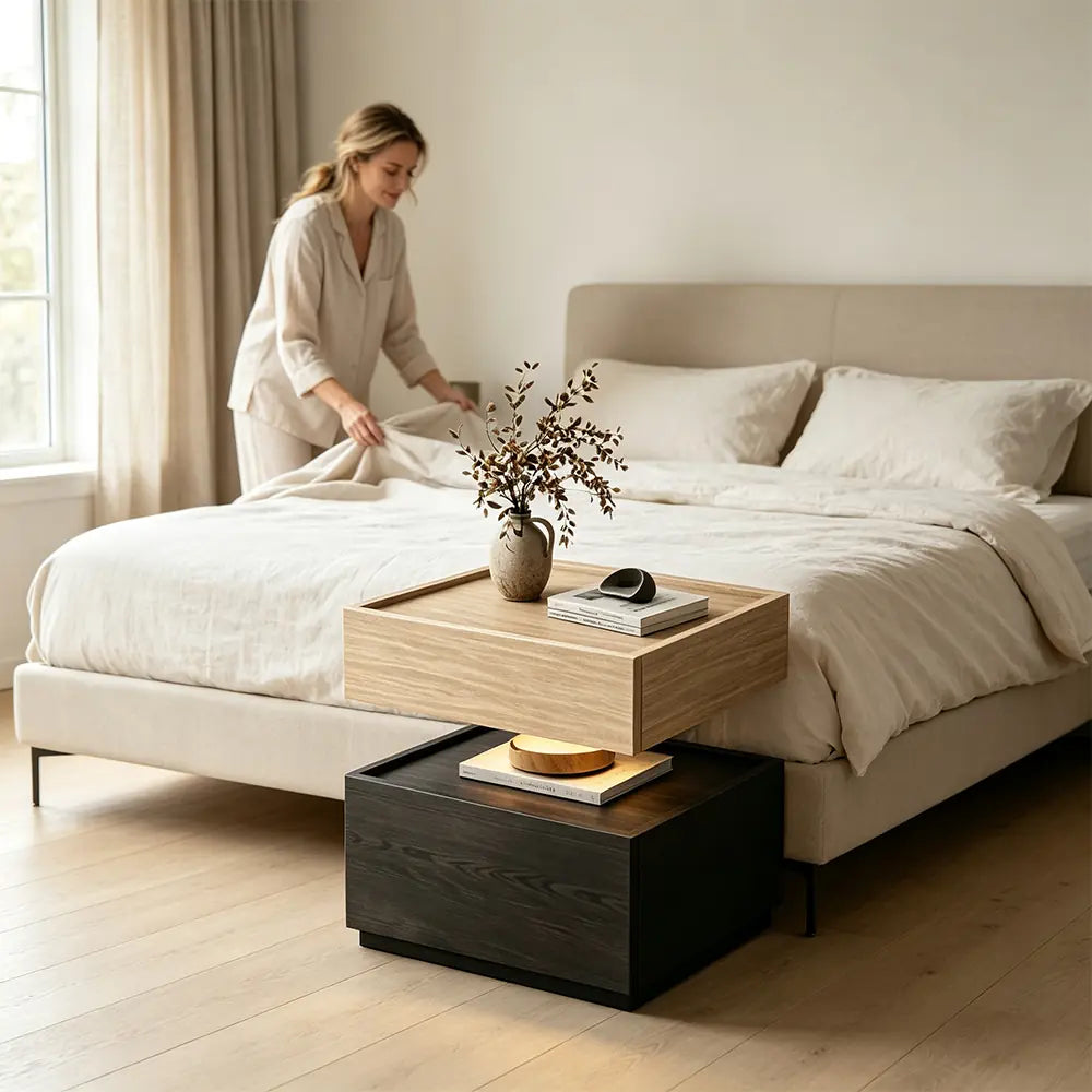 LIVARA Modern Bedside Table with Raised Edge Top, Natural Travertine Texture, Minimalist Design - Natural Travertine & Black