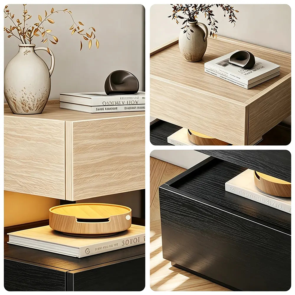 LIVARA Modern Bedside Table with Raised Edge Top, Natural Travertine Texture, Minimalist Design - Natural Travertine & Black