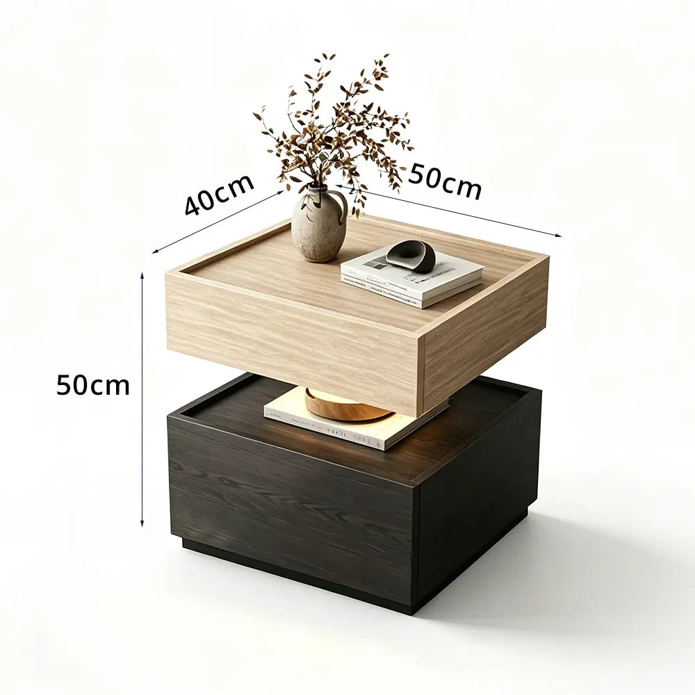 LIVARA Modern Bedside Table with Raised Edge Top, Natural Travertine Texture, Minimalist Design - Natural Travertine & Black
