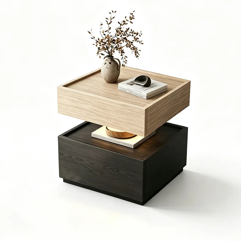 LIVARA Modern Bedside Table with Raised Edge Top, Natural Travertine Texture, Minimalist Design - Natural Travertine & Black
