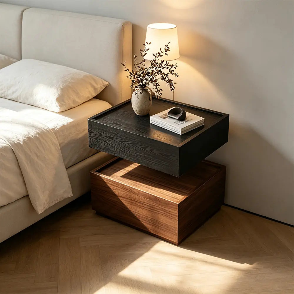 LIVARA Modern Bedside Table with Raised Edge Top, Natural Travertine Texture, Minimalist Design - Black & Walnut