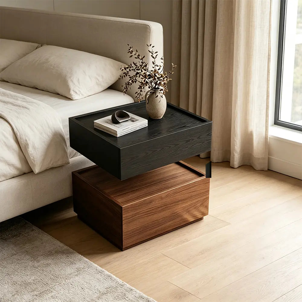 LIVARA Modern Bedside Table with Raised Edge Top, Natural Travertine Texture, Minimalist Design - Black & Walnut