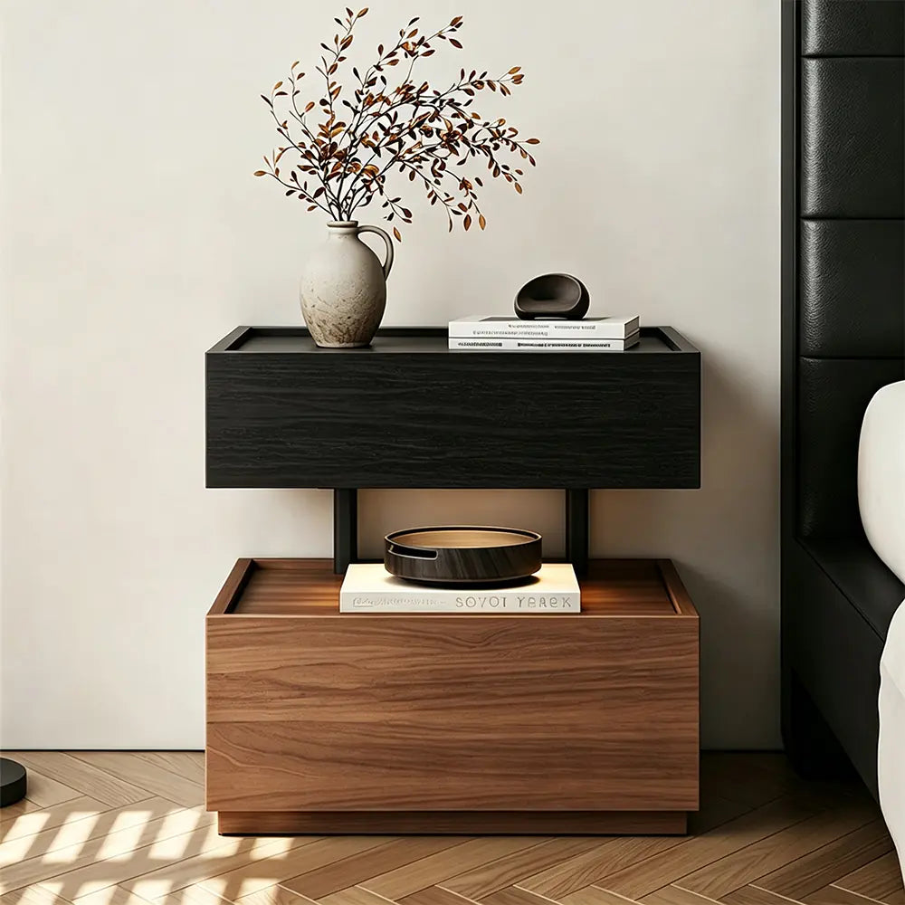 LIVARA Modern Bedside Table with Raised Edge Top, Natural Travertine Texture, Minimalist Design - Black & Walnut