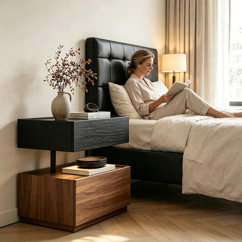 LIVARA Modern Bedside Table with Raised Edge Top, Natural Travertine Texture, Minimalist Design - Black & Walnut