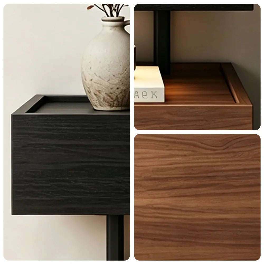 LIVARA Modern Bedside Table with Raised Edge Top, Natural Travertine Texture, Minimalist Design - Black & Walnut