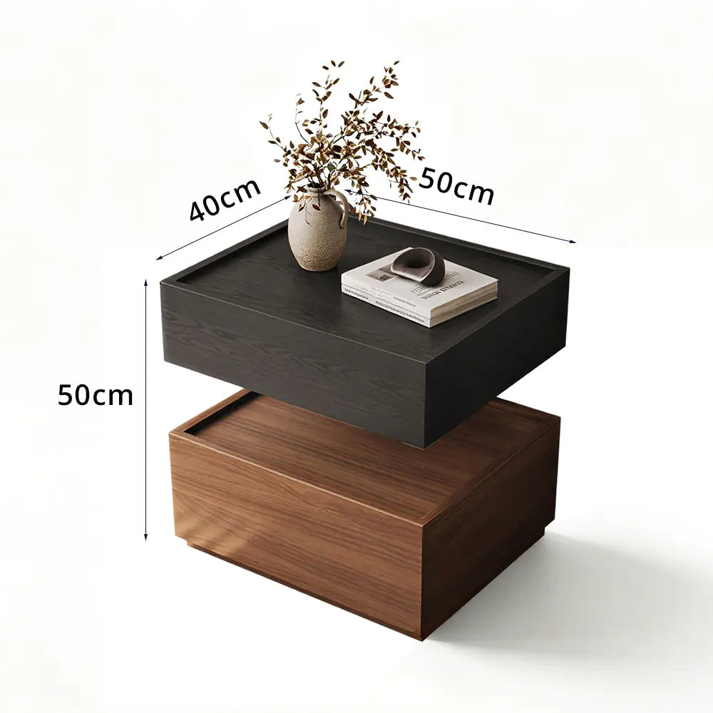 LIVARA Modern Bedside Table with Raised Edge Top, Natural Travertine Texture, Minimalist Design - Black & Walnut
