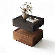 LIVARA Modern Bedside Table with Raised Edge Top, Natural Travertine Texture, Minimalist Design - Black & Walnut