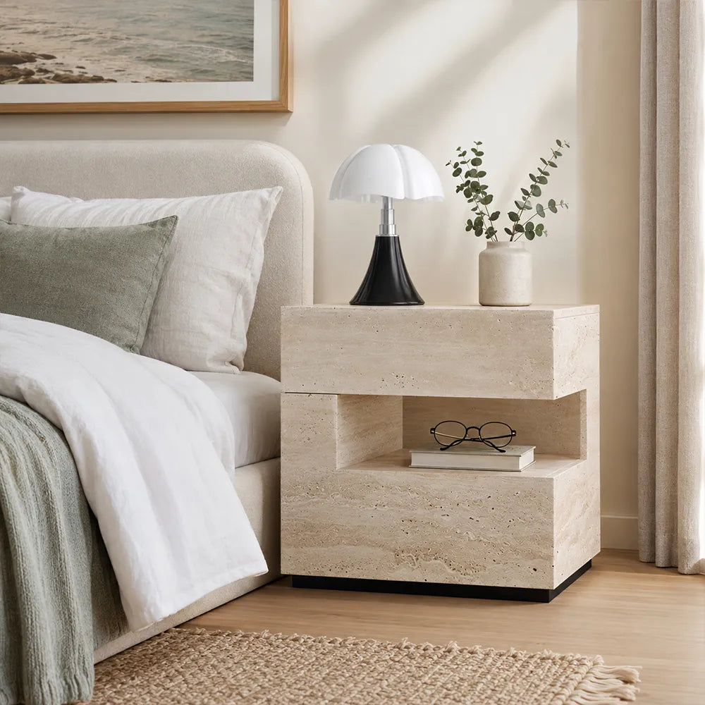 LIVARA Modern Travertine Bedside Table with Drawer, Open Storage Shelf, Layered Design, Built-in Lighting - Natural Travertine