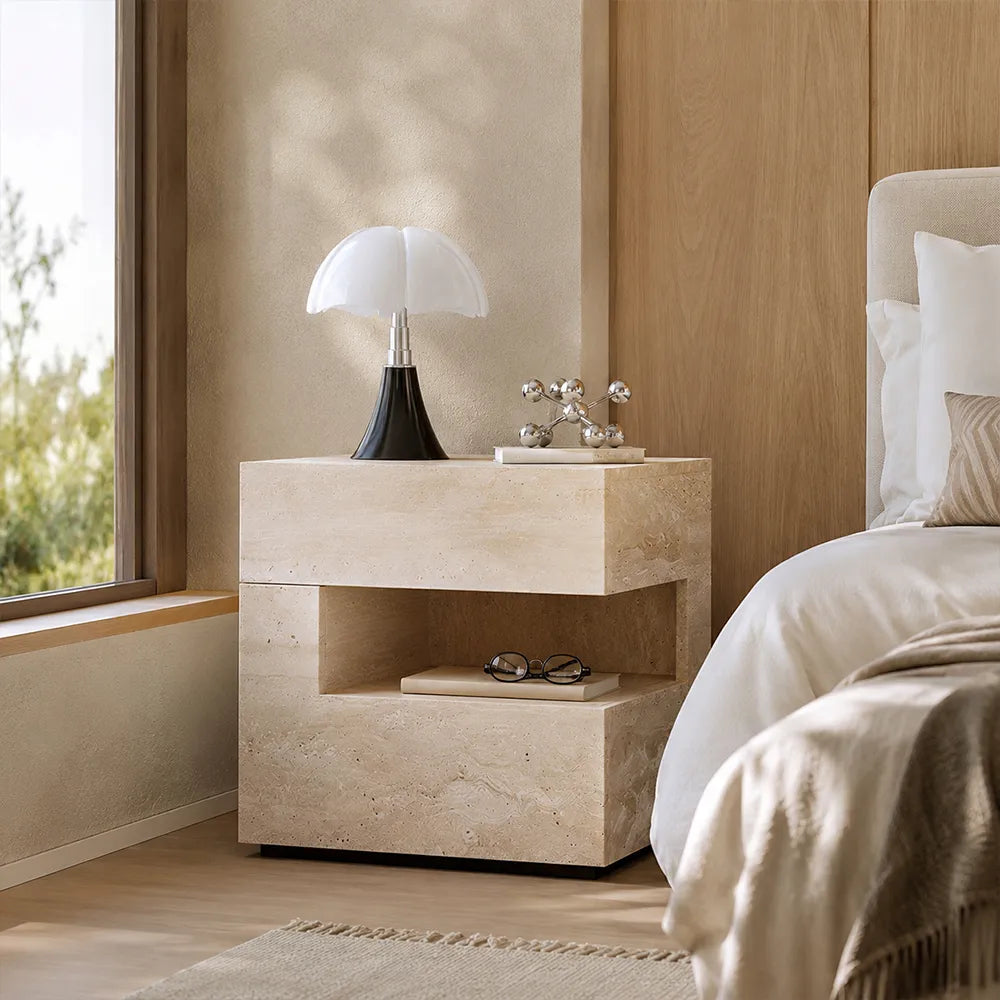 LIVARA Modern Travertine Bedside Table with Drawer, Open Storage Shelf, Layered Design, Built-in Lighting - Natural Travertine