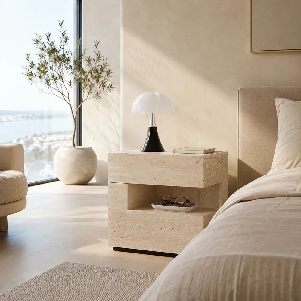 LIVARA Modern Travertine Bedside Table with Drawer, Open Storage Shelf, Layered Design, Built-in Lighting - Natural Travertine