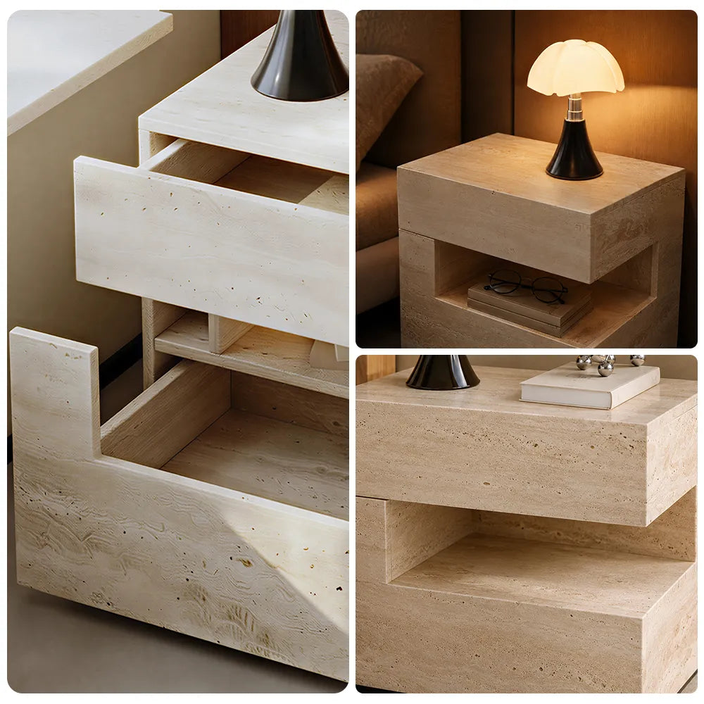 LIVARA Modern Travertine Bedside Table with Drawer, Open Storage Shelf, Layered Design, Built-in Lighting - Natural Travertine
