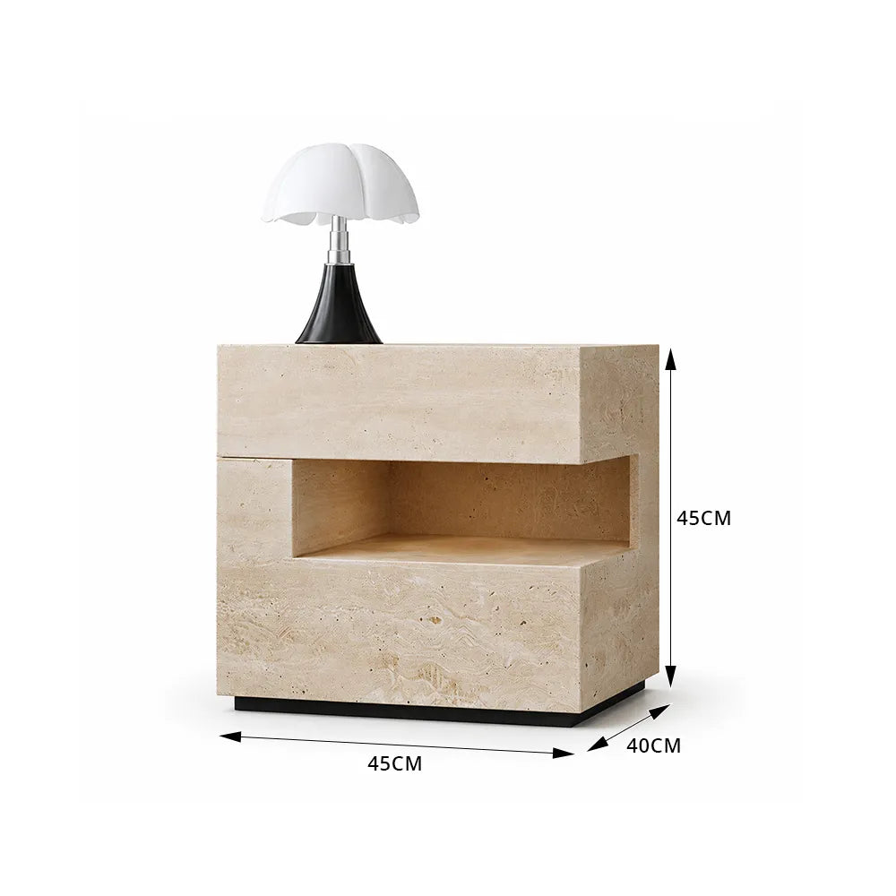 LIVARA Modern Travertine Bedside Table with Drawer, Open Storage Shelf, Layered Design, Built-in Lighting - Natural Travertine