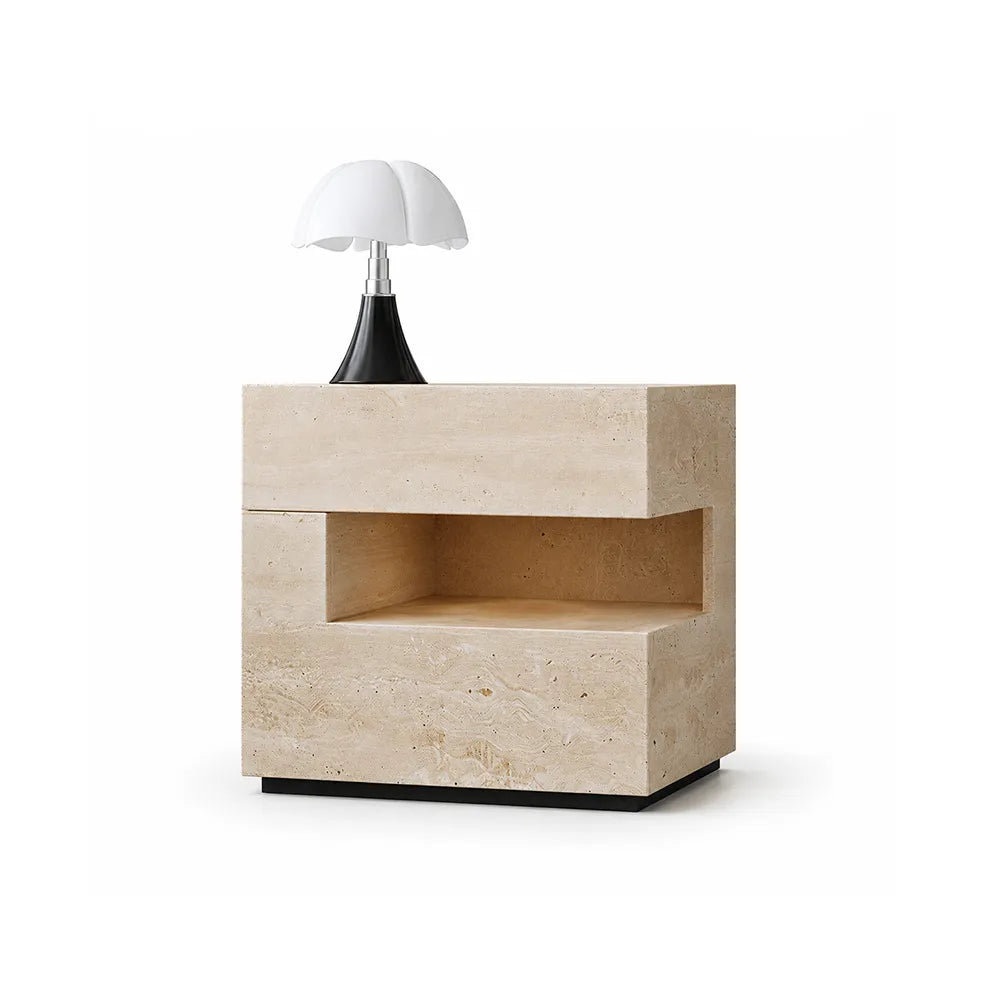 LIVARA Modern Travertine Bedside Table with Drawer, Open Storage Shelf, Layered Design, Built-in Lighting - Natural Travertine