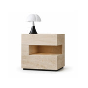 LIVARA Modern Travertine Bedside Table with Drawer, Open Storage Shelf, Layered Design, Built-in Lighting - Natural Travertine