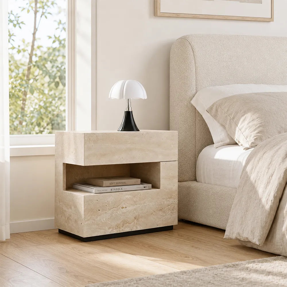 LIVARA Modern Travertine Bedside Table with Open Storage Shelf, Layered Design, Wireless Magnetic Sensor Light - Natural Travertine