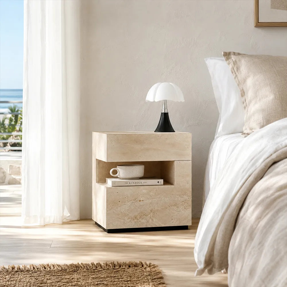 LIVARA Modern Travertine Bedside Table with Open Storage Shelf, Layered Design, Wireless Magnetic Sensor Light - Natural Travertine