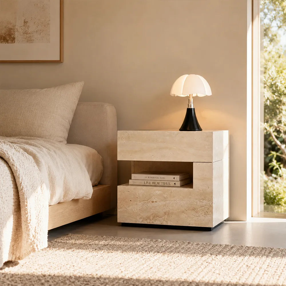 LIVARA Modern Travertine Bedside Table with Open Storage Shelf, Layered Design, Wireless Magnetic Sensor Light - Natural Travertine