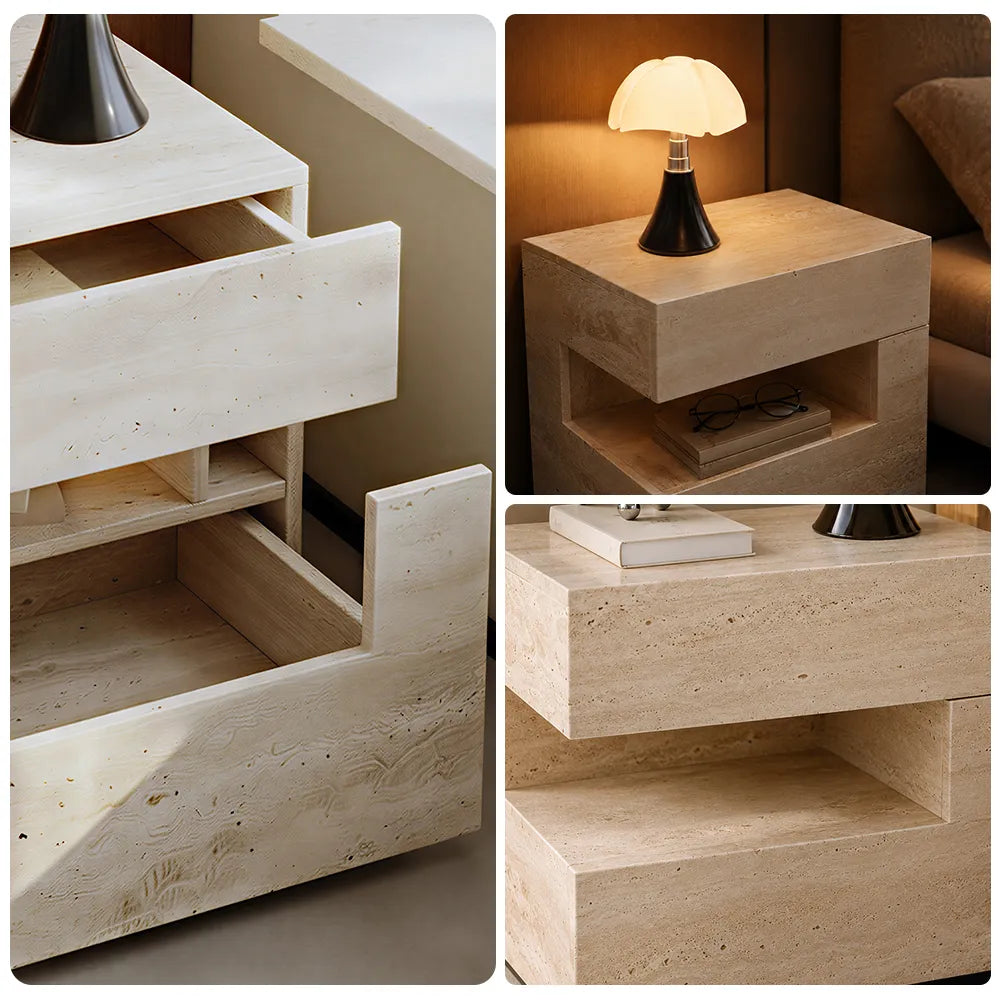 LIVARA Modern Travertine Bedside Table with Open Storage Shelf, Layered Design, Wireless Magnetic Sensor Light - Natural Travertine