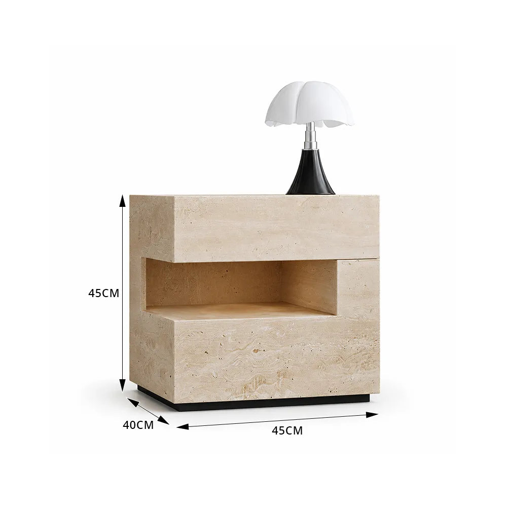 LIVARA Modern Travertine Bedside Table with Open Storage Shelf, Layered Design, Wireless Magnetic Sensor Light - Natural Travertine