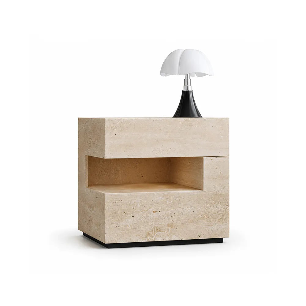 LIVARA Modern Travertine Bedside Table with Open Storage Shelf, Layered Design, Wireless Magnetic Sensor Light - Natural Travertine