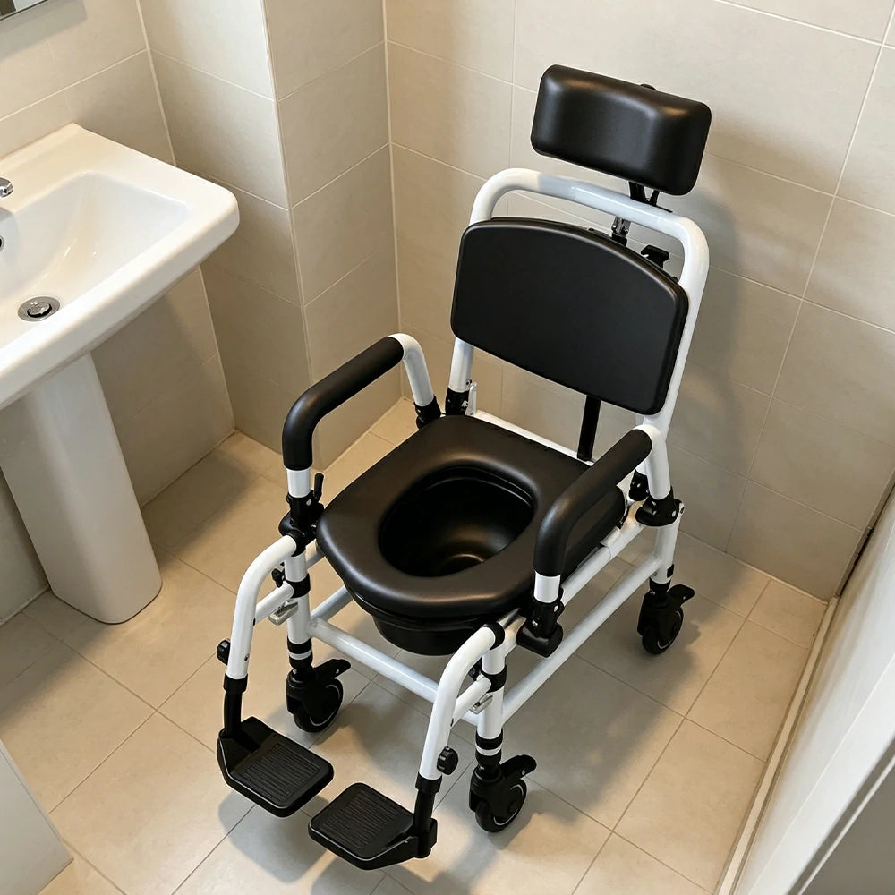 LIVARA Multifunctional Care Commode Chair Adjustable Backrest Soft Cushion Flip-up Armrests Wheels for Elderly Pregnant Home Bathroom Use