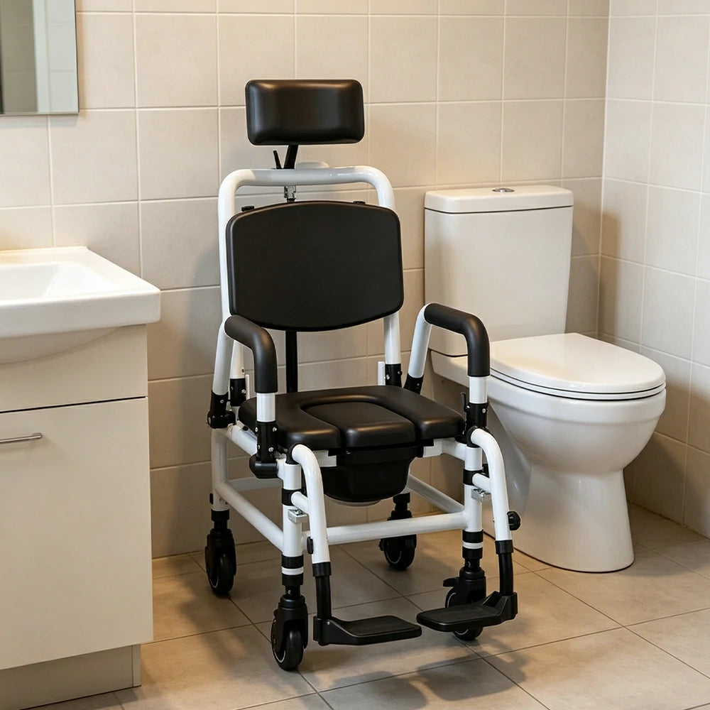 LIVARA Multifunctional Care Commode Chair Adjustable Backrest Soft Cushion Flip-up Armrests Wheels for Elderly Pregnant Home Bathroom Use