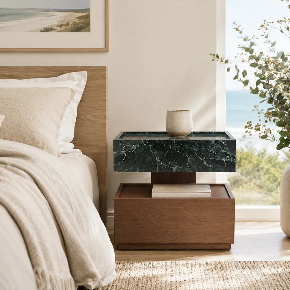 LIVARA Modern Floating Bedside Table with Drawer, Prada Green Marble-Look Top, Walnut Wood Grain Finish, Two-Tone Design - Prada Green & Walnut
