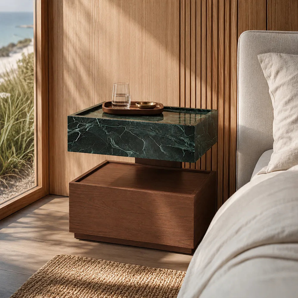 LIVARA Modern Floating Bedside Table with Drawer, Prada Green Marble-Look Top, Walnut Wood Grain Finish, Two-Tone Design - Prada Green & Walnut