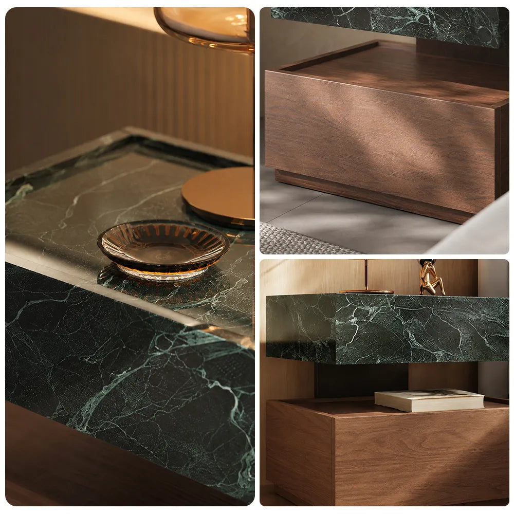 LIVARA Modern Floating Bedside Table with Drawer, Prada Green Marble-Look Top, Walnut Wood Grain Finish, Two-Tone Design - Prada Green & Walnut