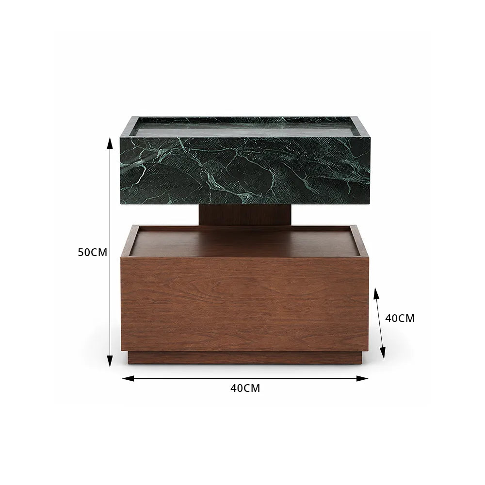 LIVARA Modern Floating Bedside Table with Drawer, Prada Green Marble-Look Top, Walnut Wood Grain Finish, Two-Tone Design - Prada Green & Walnut