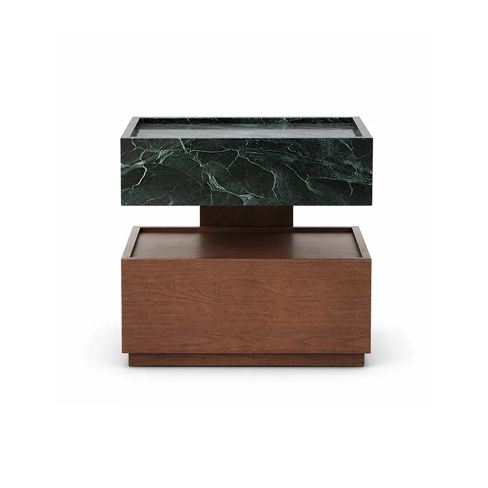 LIVARA Modern Floating Bedside Table with Drawer, Prada Green Marble-Look Top, Walnut Wood Grain Finish, Two-Tone Design - Prada Green & Walnut