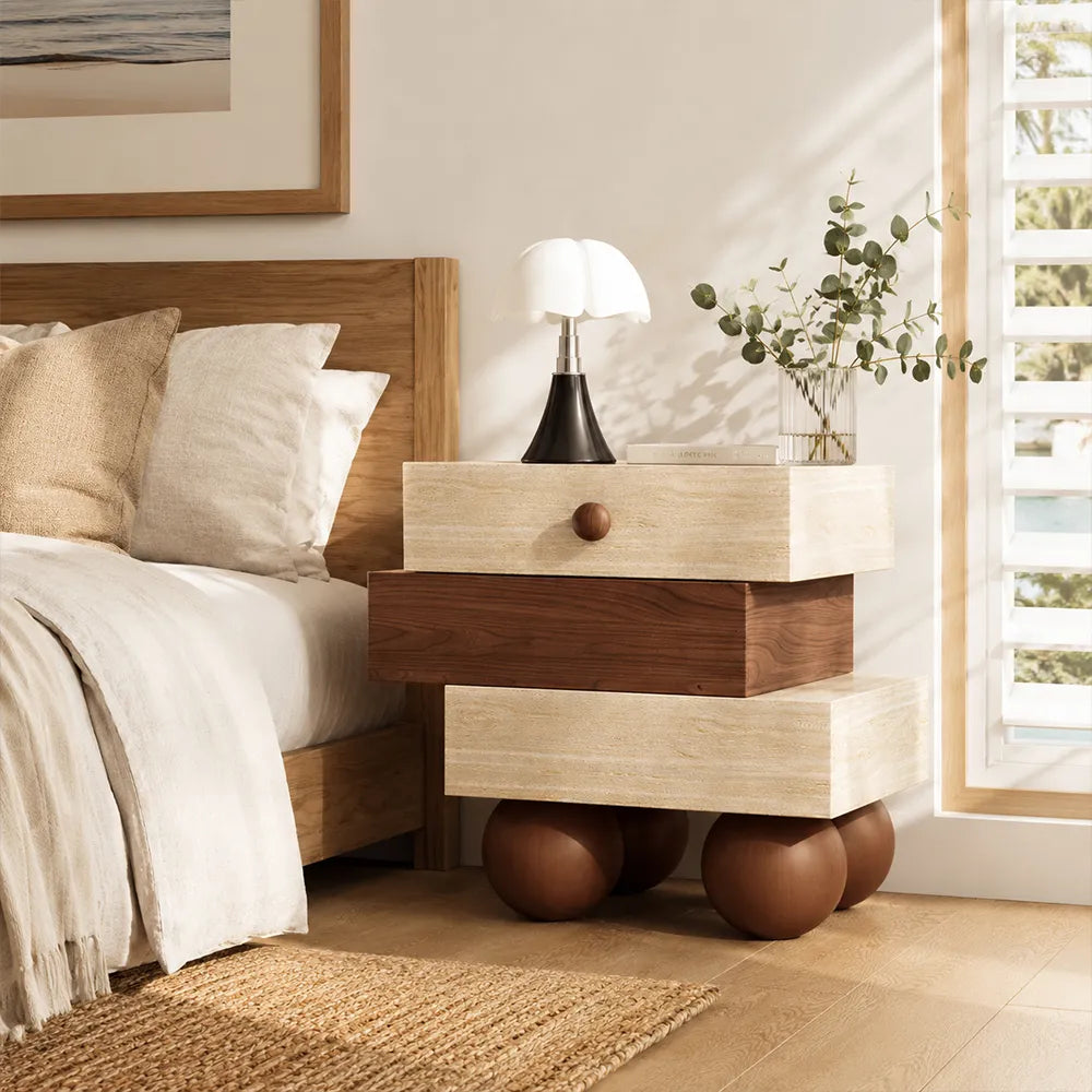 LIVARA Modern Bedside Table with Staggered Drawer Design, Walnut Wood Finish, Travertine Texture, Round Ball Legs - Walnut & Travertine