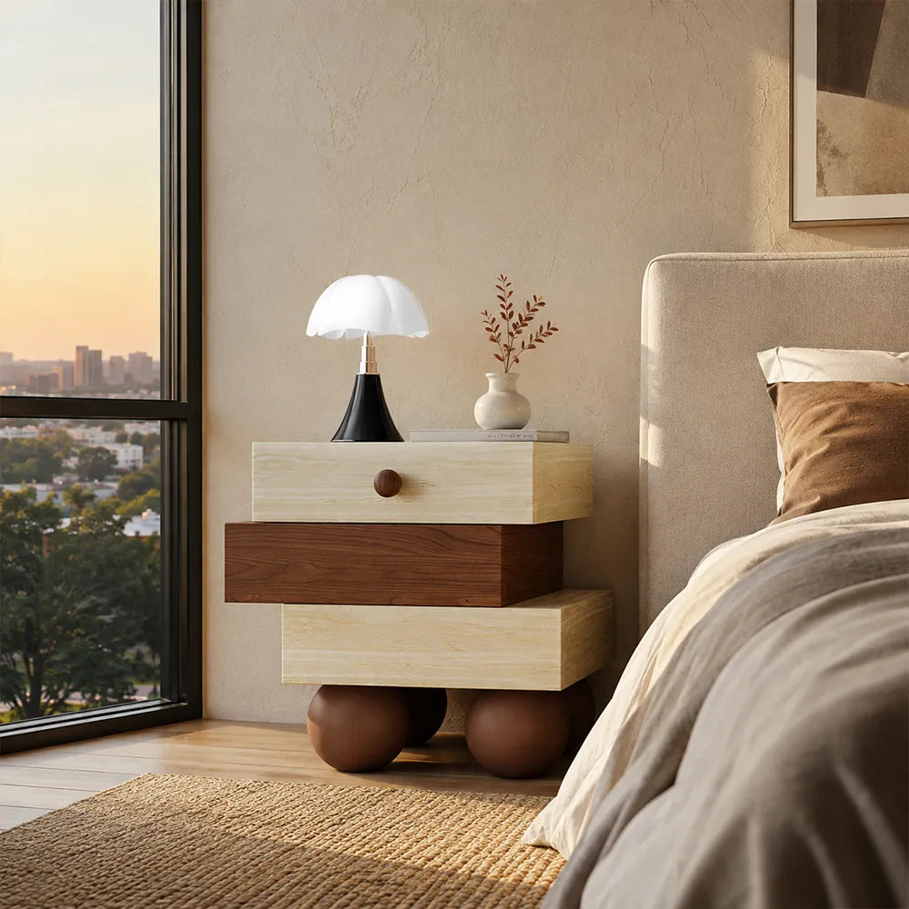 LIVARA Modern Bedside Table with Staggered Drawer Design, Walnut Wood Finish, Travertine Texture, Round Ball Legs - Walnut & Travertine