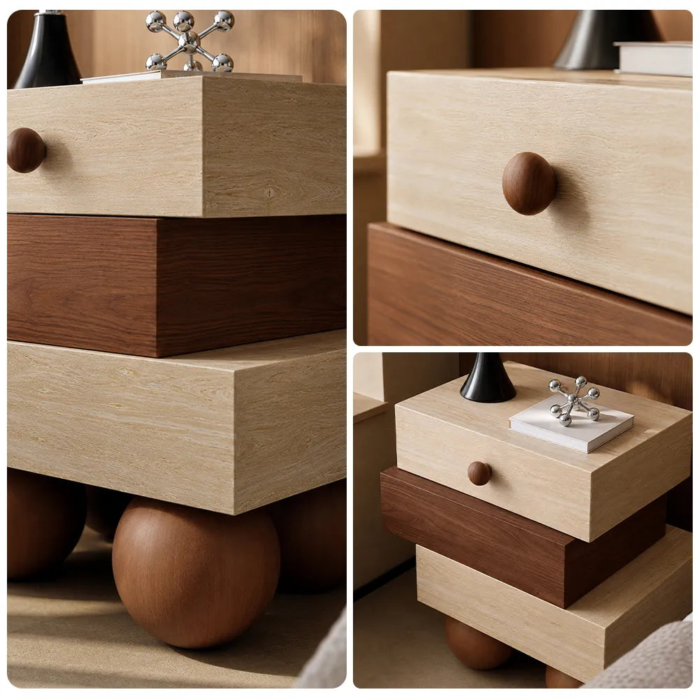 LIVARA Modern Bedside Table with Staggered Drawer Design, Walnut Wood Finish, Travertine Texture, Round Ball Legs - Walnut & Travertine