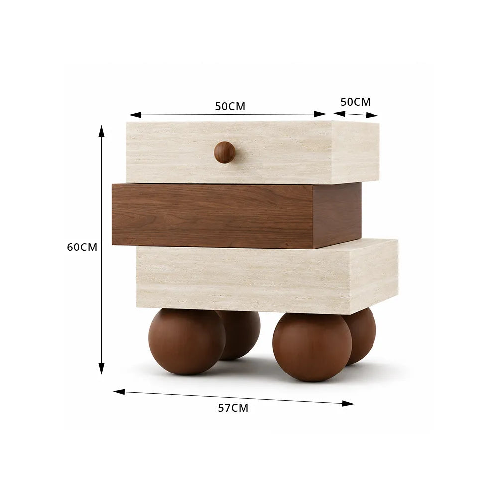 LIVARA Modern Bedside Table with Staggered Drawer Design, Walnut Wood Finish, Travertine Texture, Round Ball Legs - Walnut & Travertine