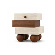 LIVARA Modern Bedside Table with Staggered Drawer Design, Walnut Wood Finish, Travertine Texture, Round Ball Legs - Walnut & Travertine