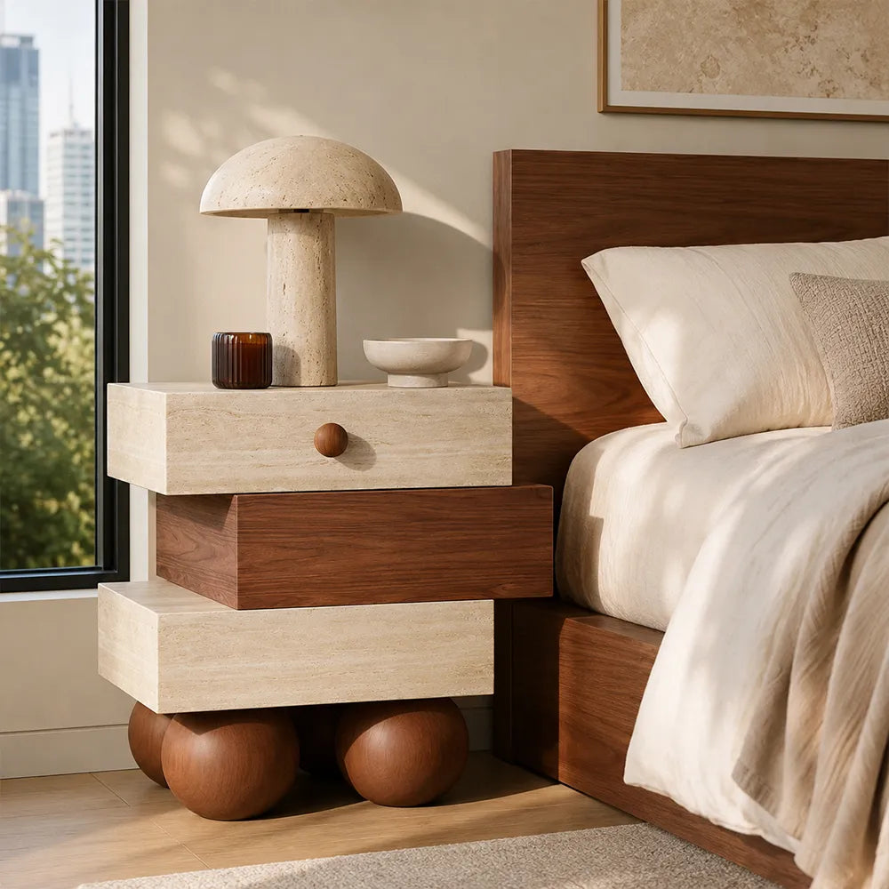 LIVARA Modern Bedside Table, Right-Offset Staggered Block Design, Walnut Finish, Travertine Texture, Round Ball Legs - Walnut & Travertine