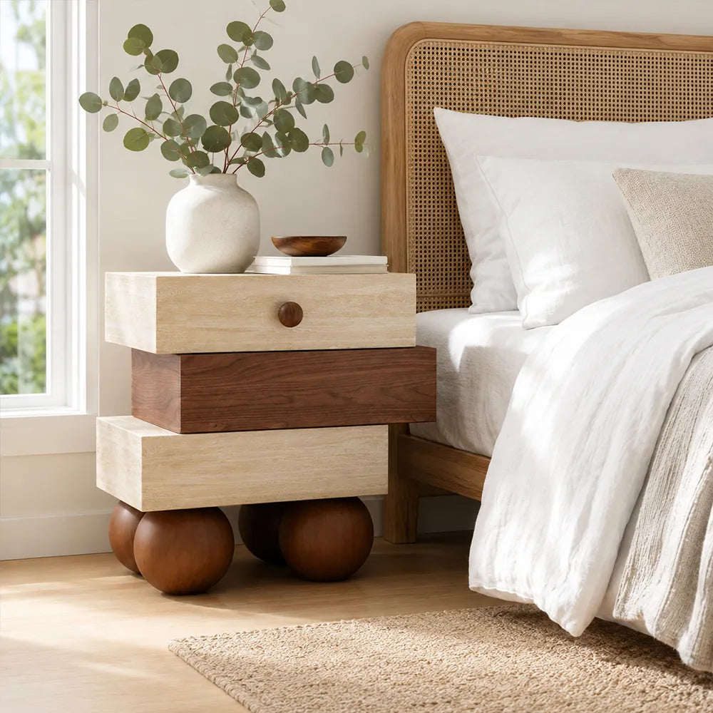 LIVARA Modern Bedside Table, Right-Offset Staggered Block Design, Walnut Finish, Travertine Texture, Round Ball Legs - Walnut & Travertine