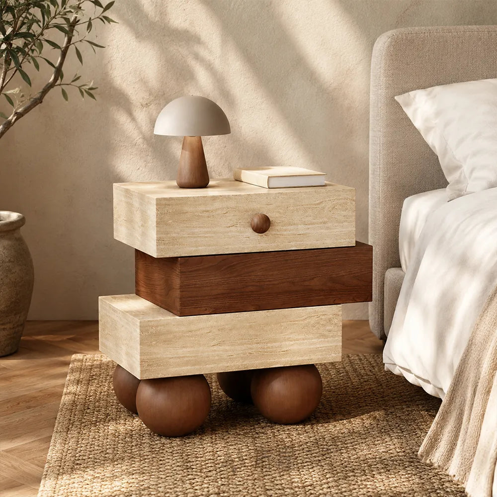 LIVARA Modern Bedside Table, Right-Offset Staggered Block Design, Walnut Finish, Travertine Texture, Round Ball Legs - Walnut & Travertine